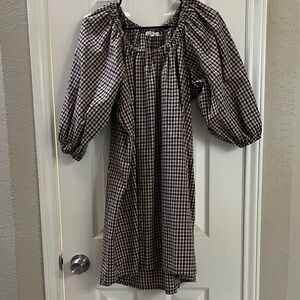 La Relaxed Sutter Dress - brown plaid Dress with Puff Sleeves - S/M